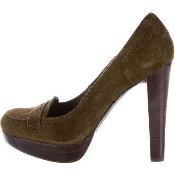 Stuart Weitzman Shoes - STUART WEITZMAN Olive Green Suede Platform Loafers